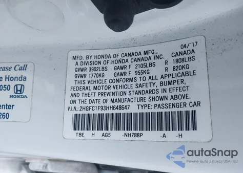 2017 Honda Civic Touring z USA, uszkodzony, nr VIN 2HGFC1F93HH648647